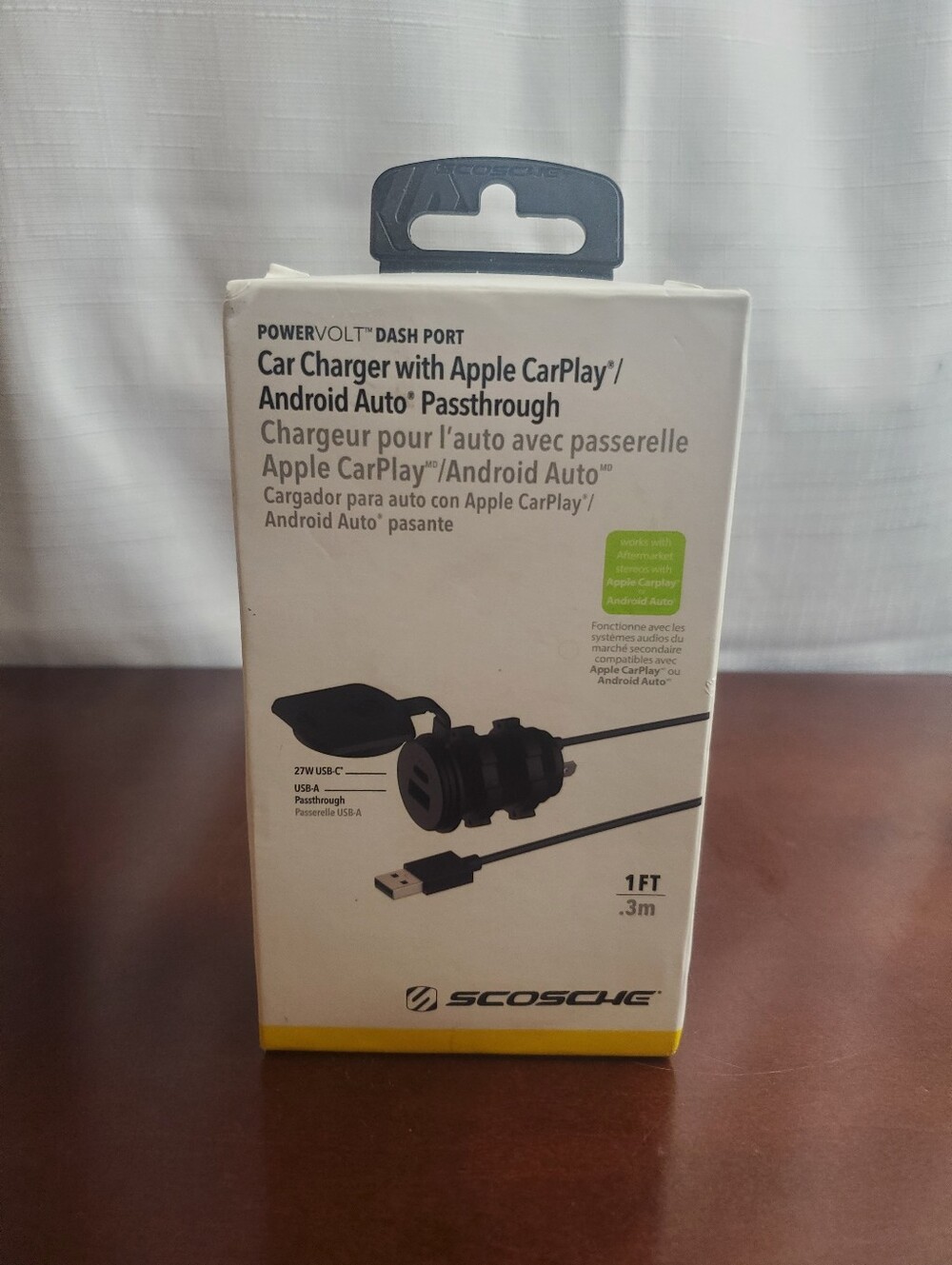SCOSCHE Powervolt 1 Ft Car Charger With Apple Carplay Android Auto Pass-through